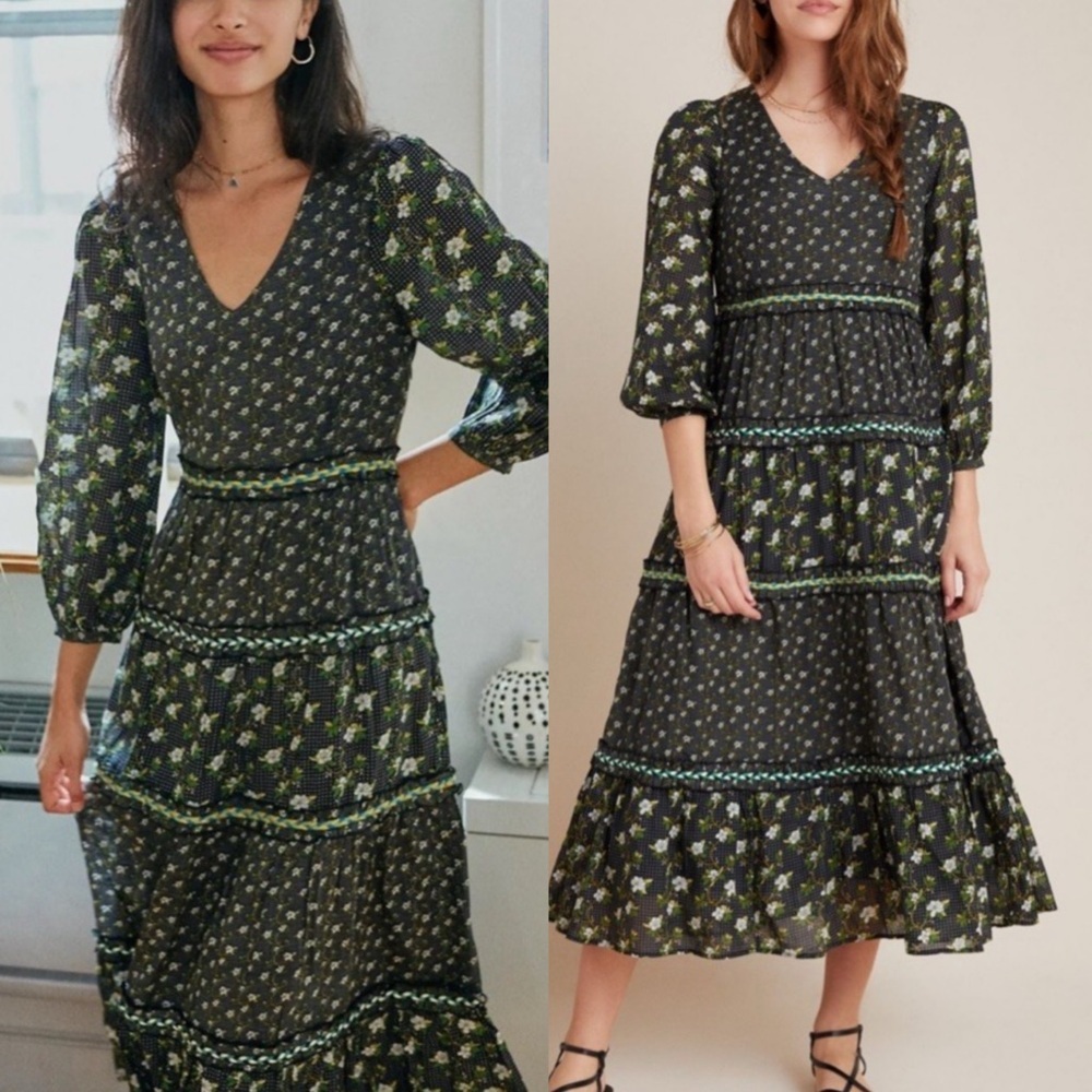 Anthropologie Black Midi Dress with Green Floral Print